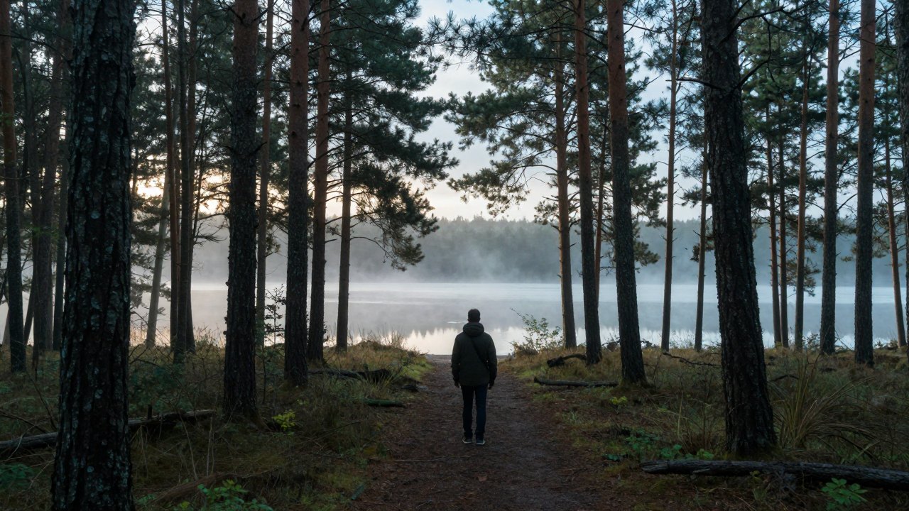 Person seen from behind on a forest path leading toward a misty lake at dawn