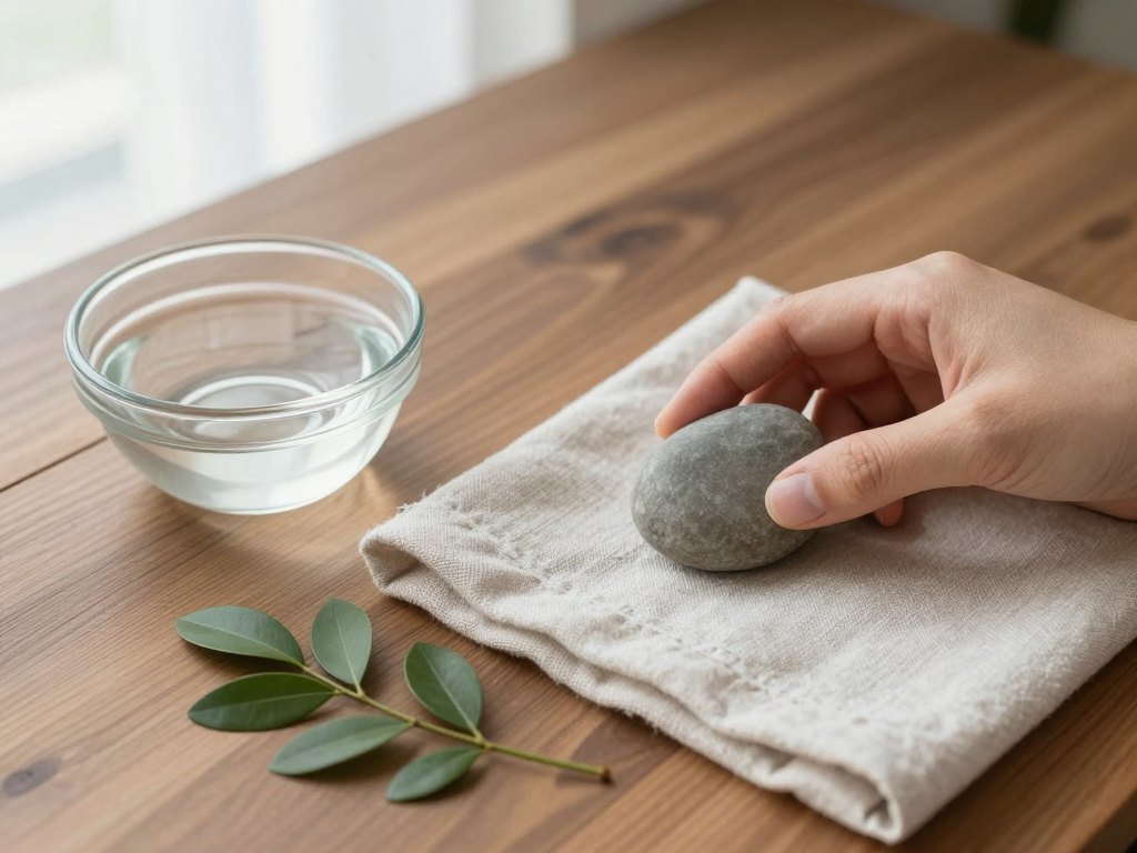Hand placing a smooth stone on linen beside a glass bowl of water and leaves
