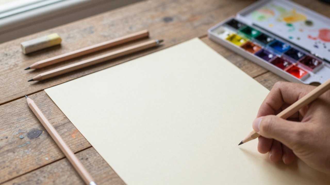 Pencils, pastel, brush and paint pans around a blank sheet of paper on a wooden table