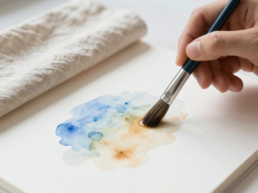 A hand paints a wet watercolour wash next to a folded linen cloth