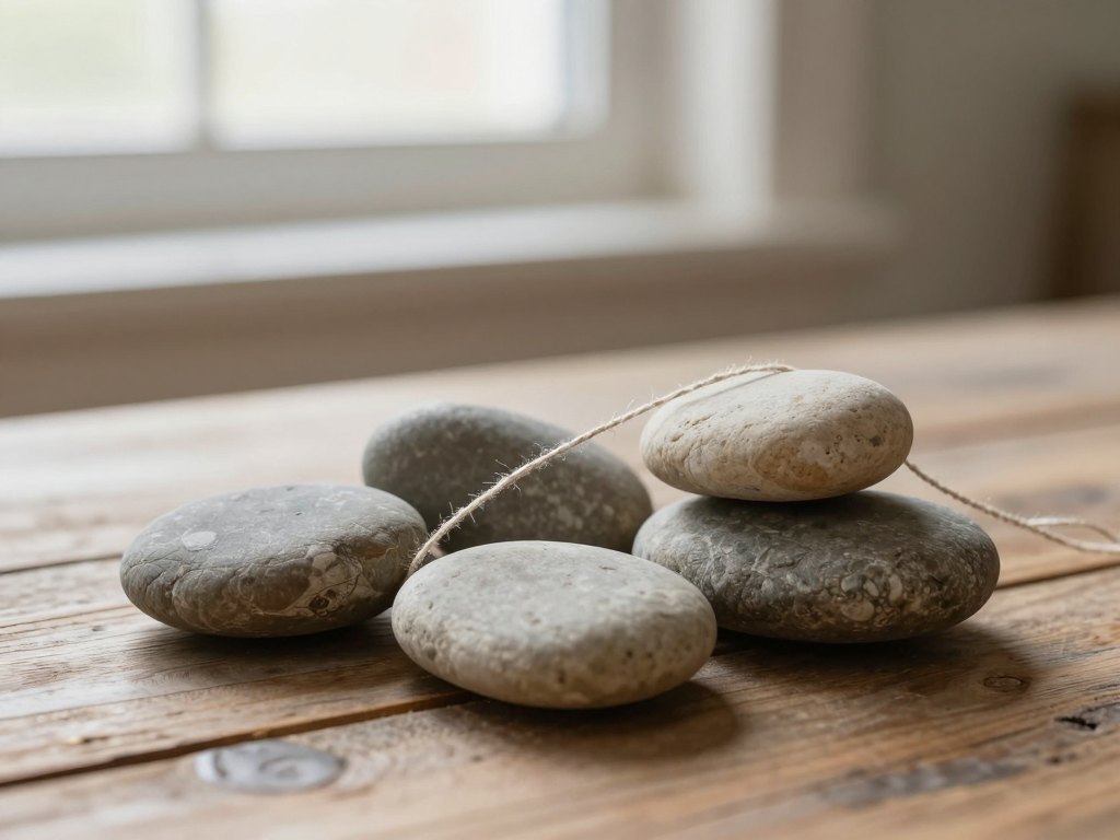 Four smooth stones on a wooden table connected by a single linen thread