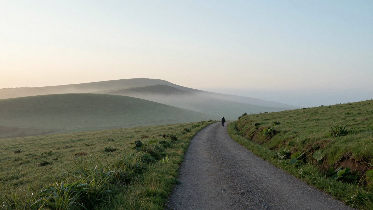 Lone walker seen from behind on a misty hillside path at dawn