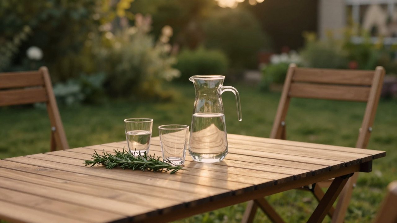 Garden table with water pitcher, glasses and rosemary in warm evening light