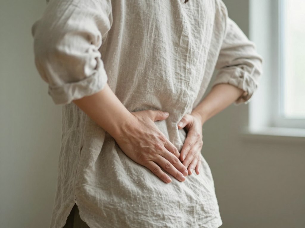 Hands placed on the lower ribs of a person practising breathing, seen from behind