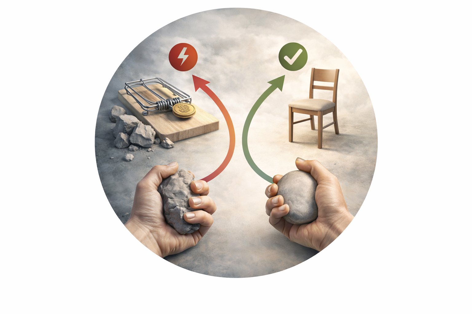 Two hands holding rocks, with one path leading to a mousetrap and the other to a chair