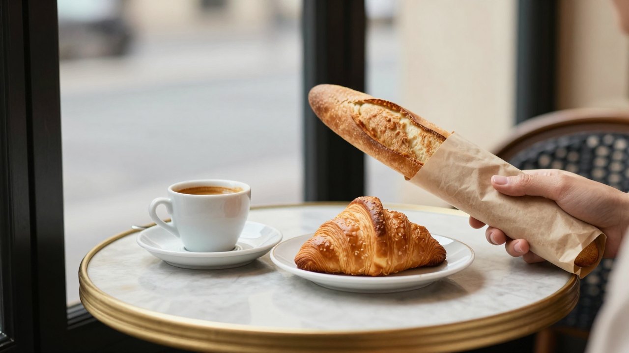 Cafe table with espresso cup, croissant and a hand holding a baguette in morning light