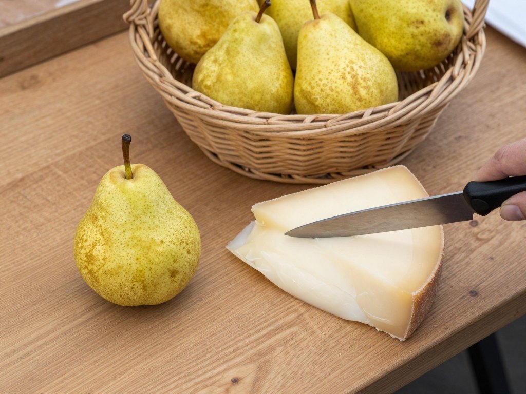 Hand cutting a portion of cheese beside one pear and a basket of pears