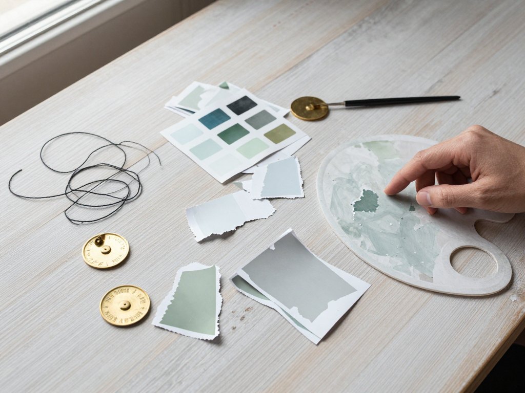 Scattered swatches, paper scraps and tangled thread on a table, with a hand hesitating above them