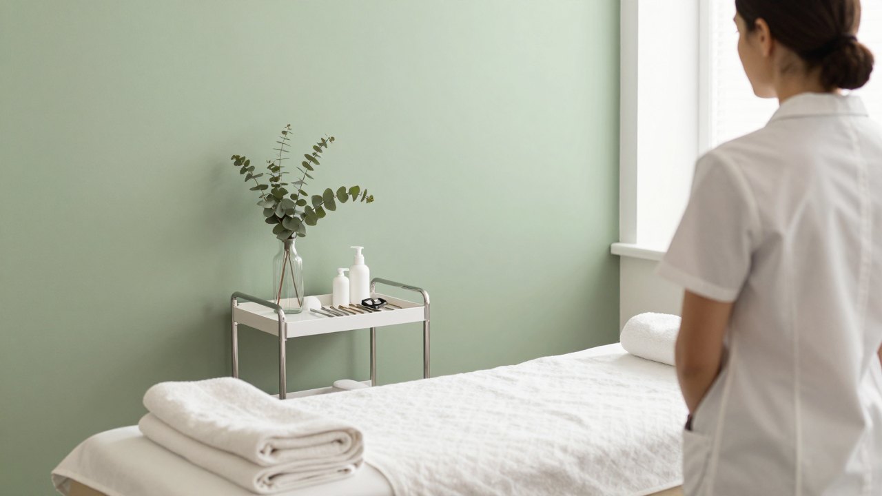 Beauty master seen from behind in a calm studio with prepared chair, towels and tools