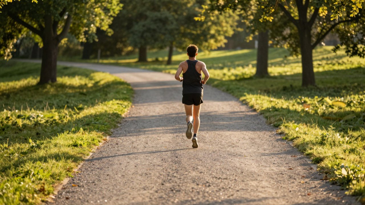 Distant runner seen from behind on a gravel path between trees at sunset