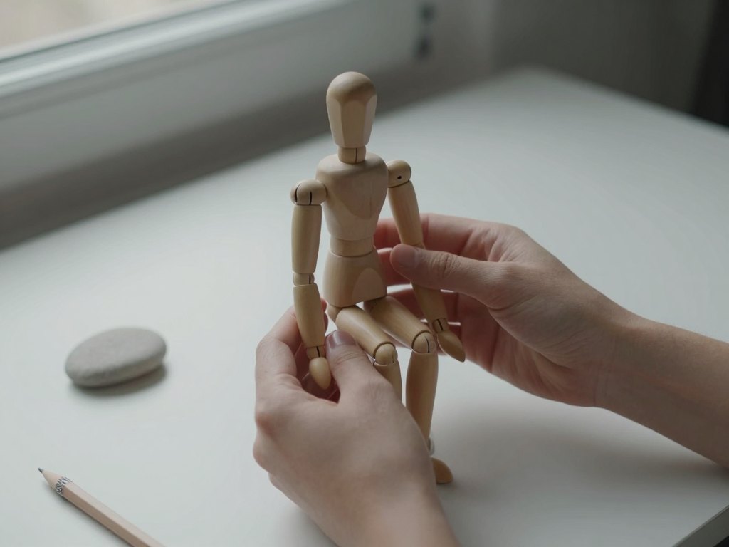 Hands posing a wooden mannequin in a squat position on a desk