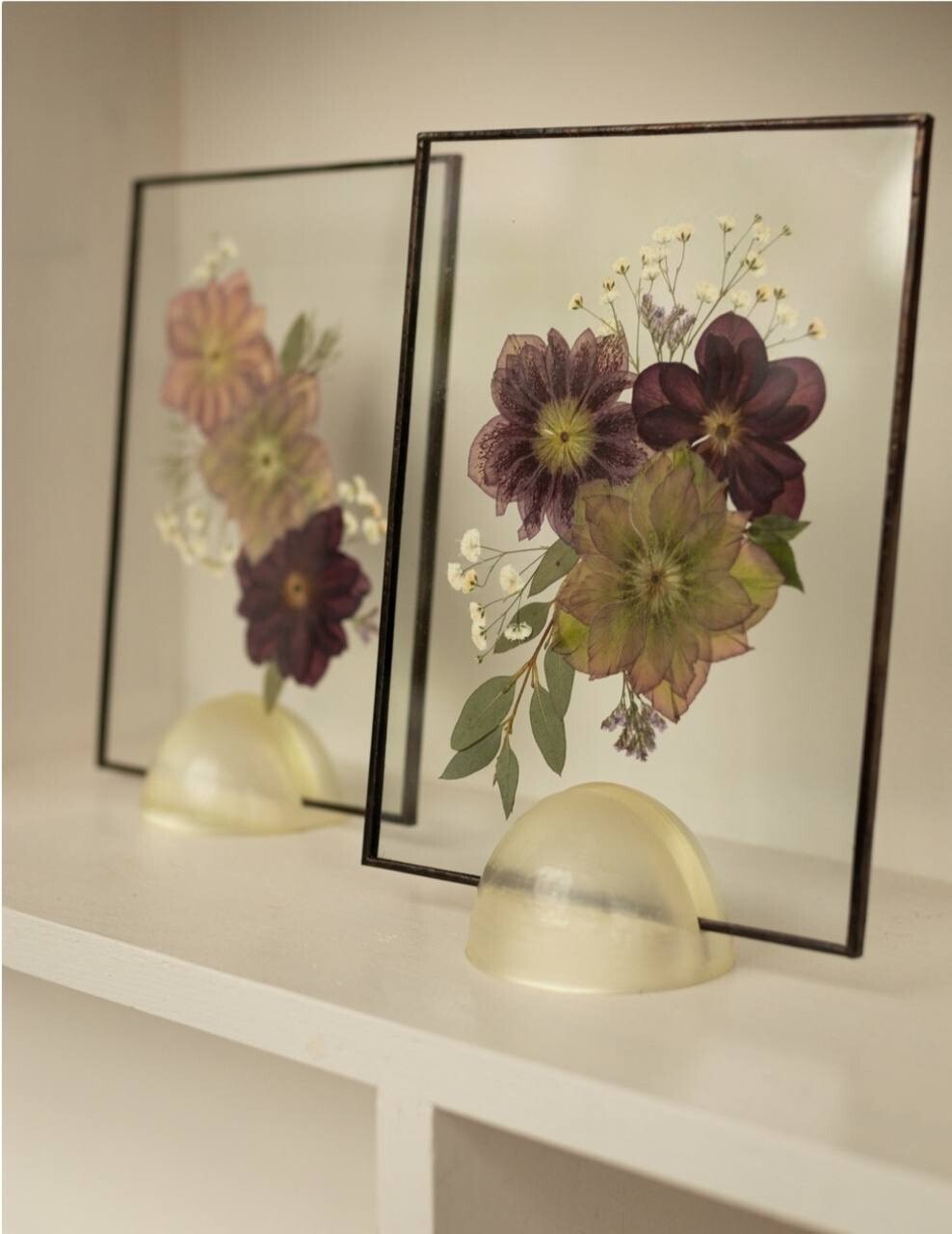 Two glass frames with pressed dried flowers standing on a white shelf