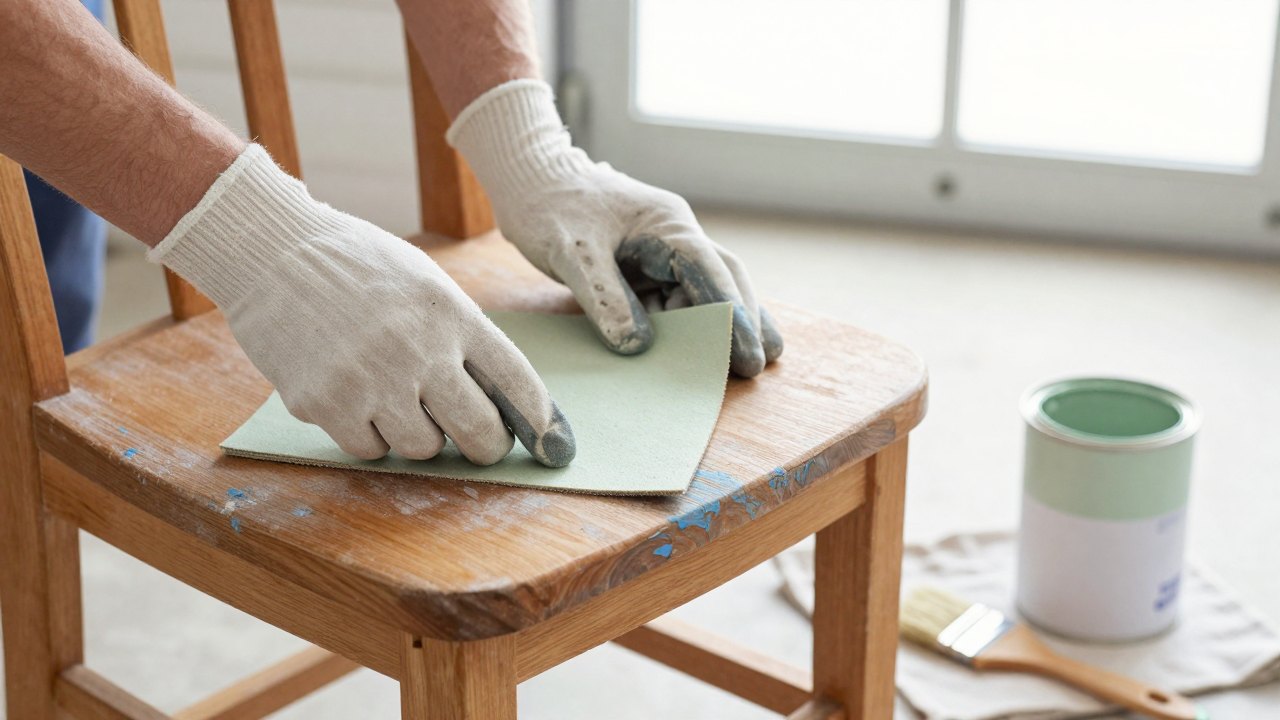 Gloved hands sanding an old wooden chair seat beside a brush and open tin of green paint