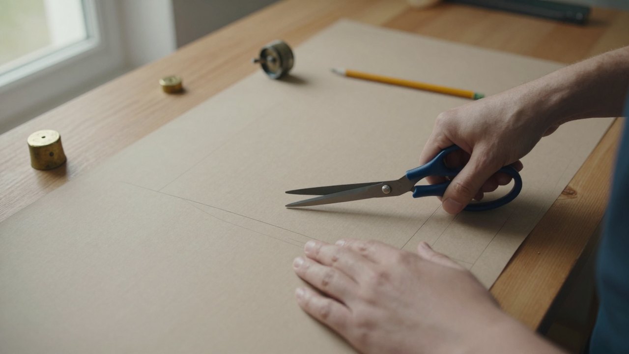 Hands cutting a paper pattern piece with tailor's shears on a wooden worktable