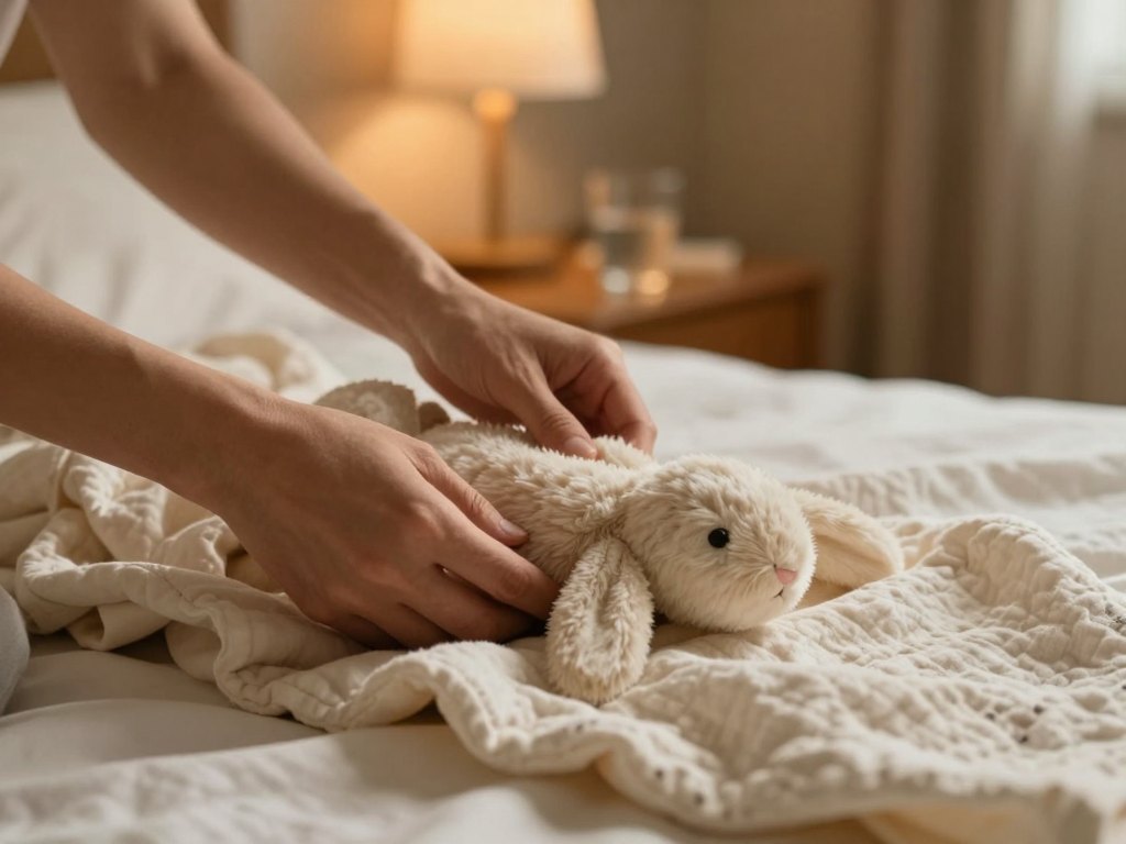 Parent's hands tucking a muslin blanket around a soft toy rabbit at bedtime