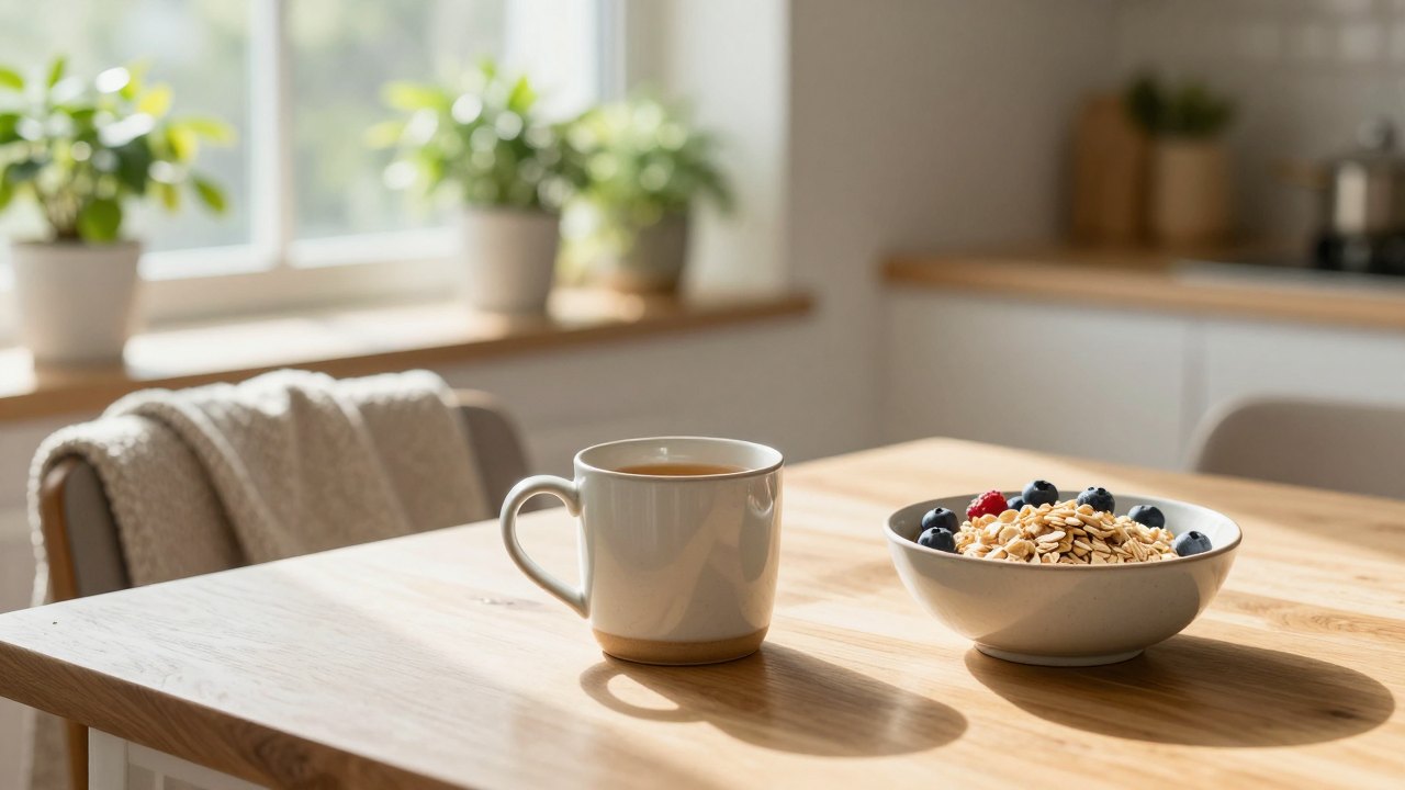 Tea and oatmeal on a sunlit kitchen table with plants and a folded throw