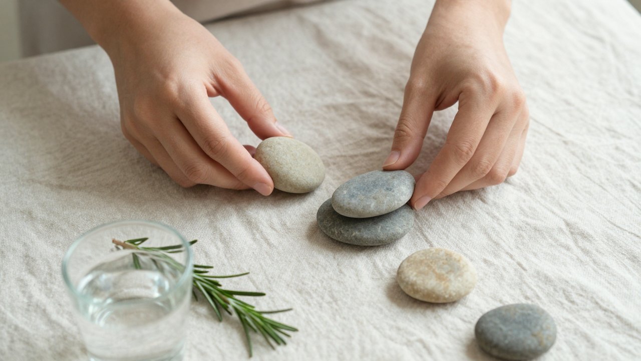 Hands placing smooth stones in a stepped line on linen cloth
