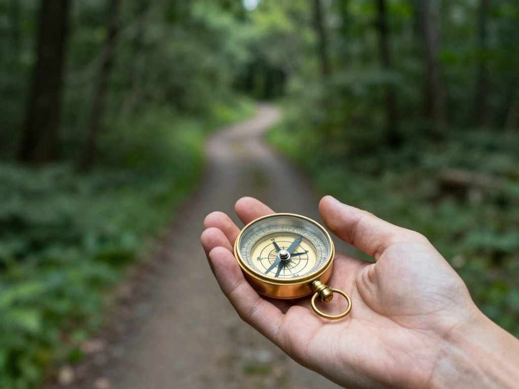 Hand holding a brass compass on a forest path