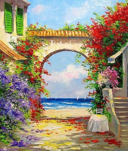 Painting of a seaside archway with red and purple flowers and a small table