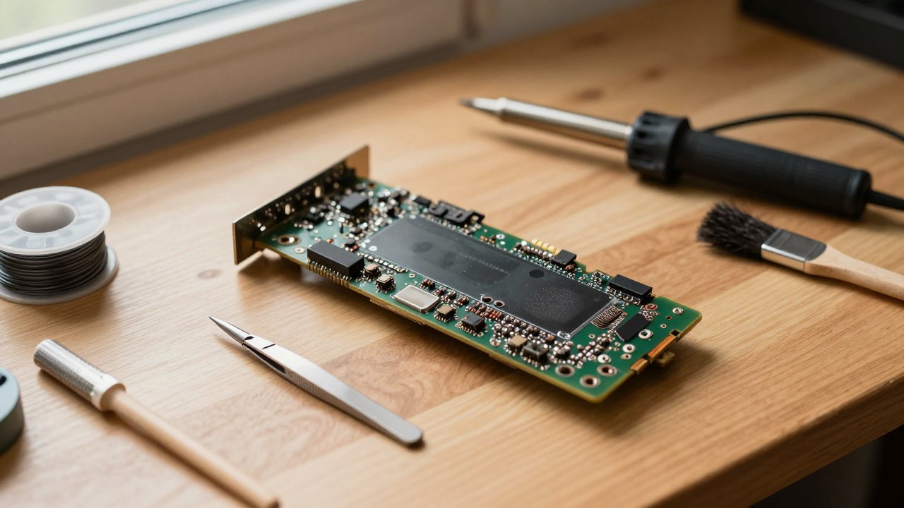 Repaired graphics card on a wooden workbench beside tweezers and a soldering iron