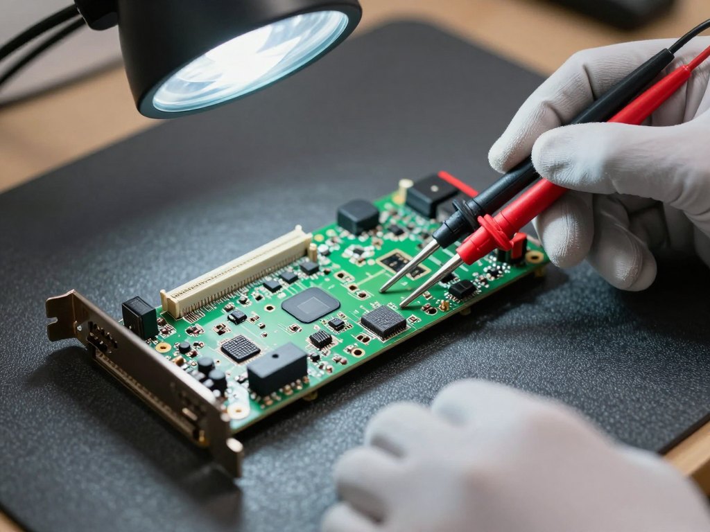 Hands holding multimeter probes over a bare graphics card on an anti-static mat