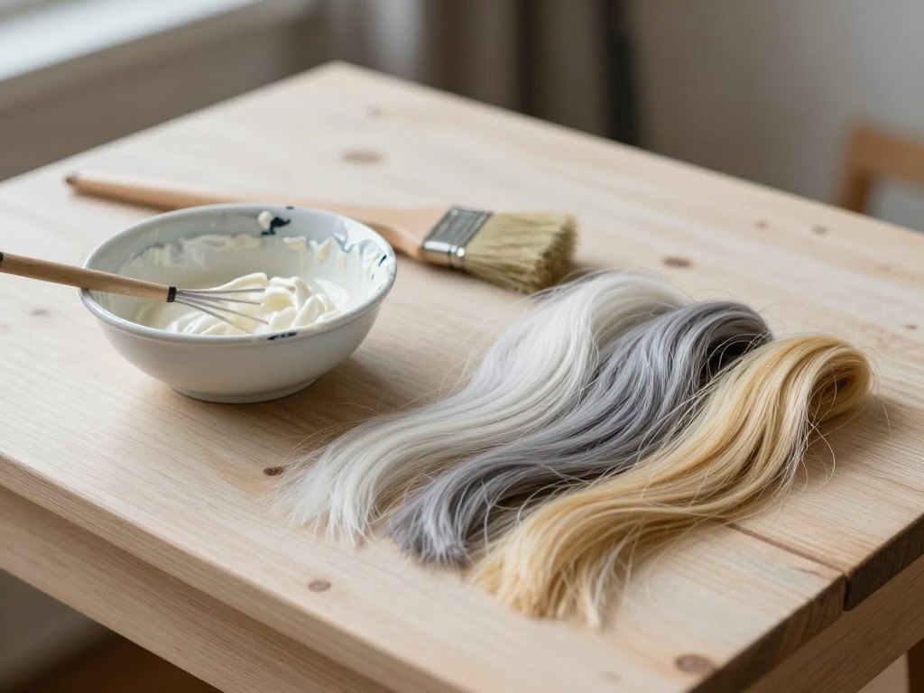 Colour bowl, brush and hair swatches ranging from white to blonde on a workbench