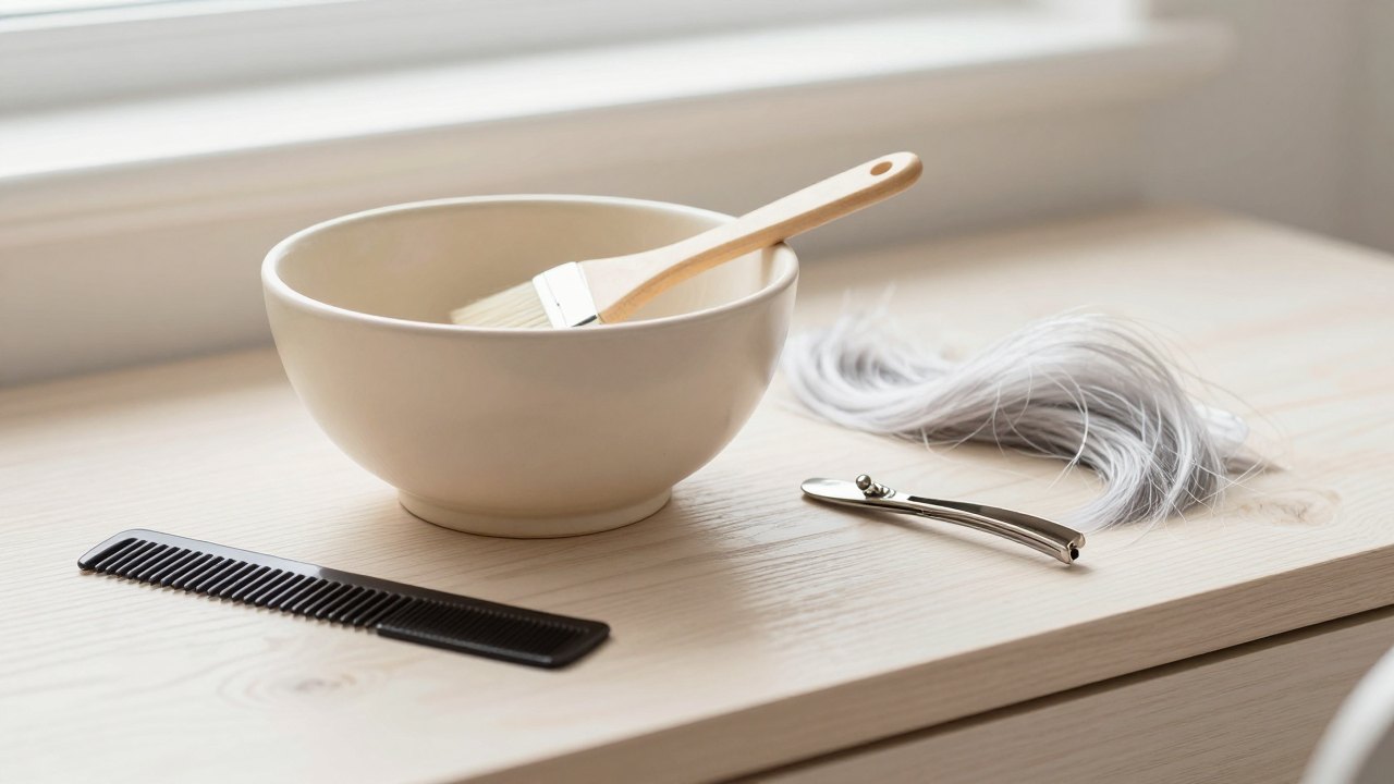 Colour bowl with brush, comb, clips and a grey hair swatch on a wooden salon counter