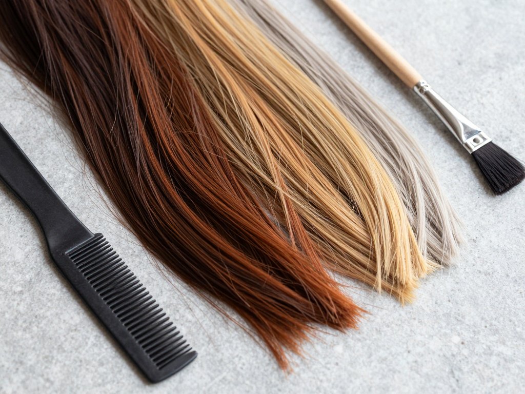 Hair swatches arranged from dark brown to pale blonde beside a comb and brush
