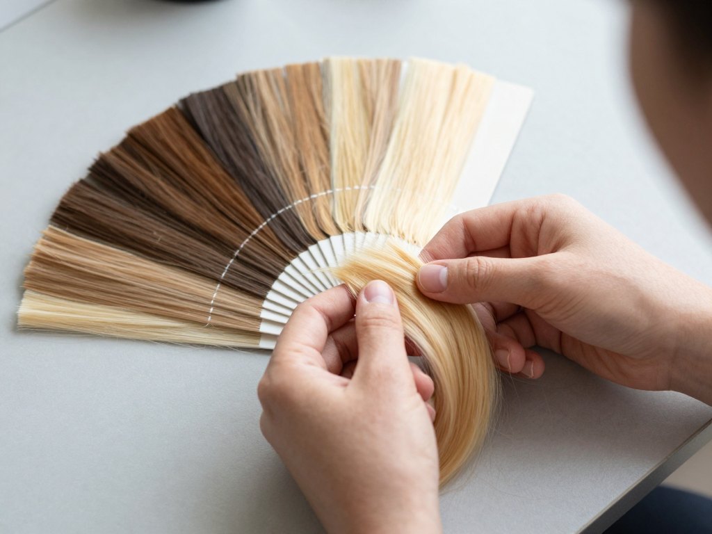 Hands comparing a lightened hair strand against graduated brown to blonde swatches