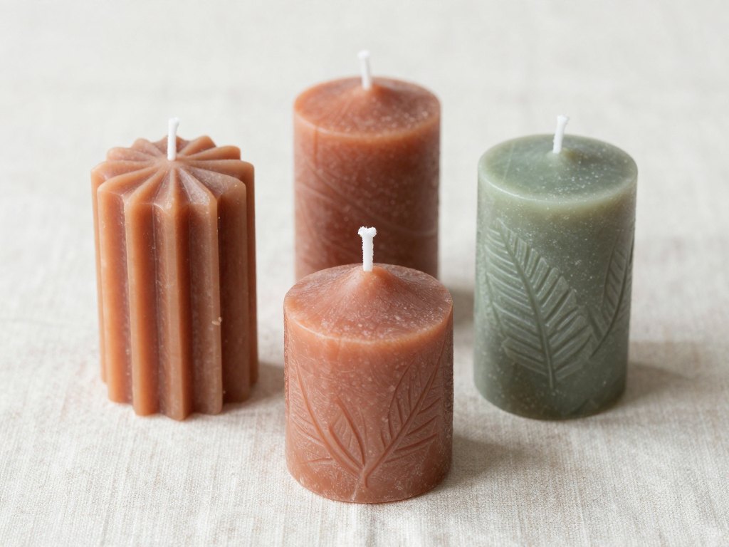 Three handmade candles with different shapes and surface textures on linen