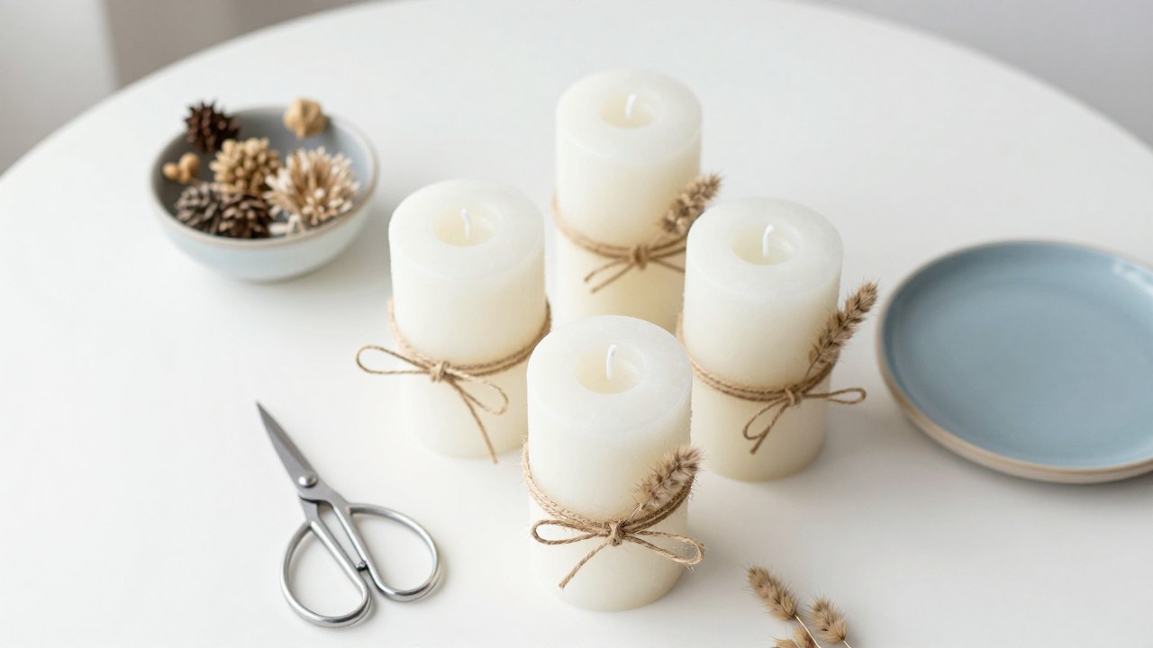 Finished decorated candles with twine and dried flowers arranged on a light table