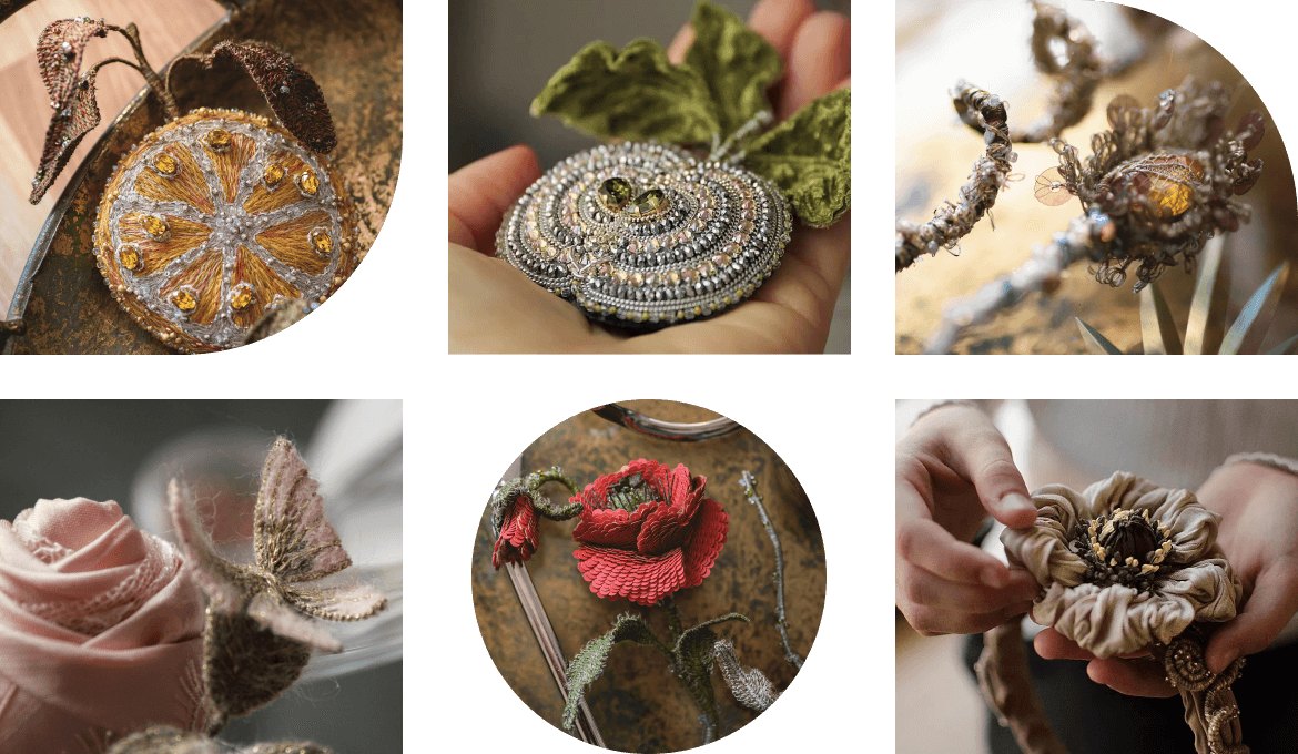Collage of handmade embroidered and beaded flowers and brooches, some held in hands