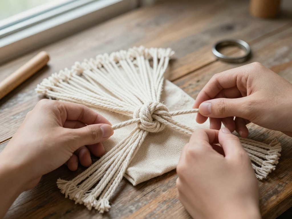 Hands tightening a square knot on the base of an unfinished macramé bag