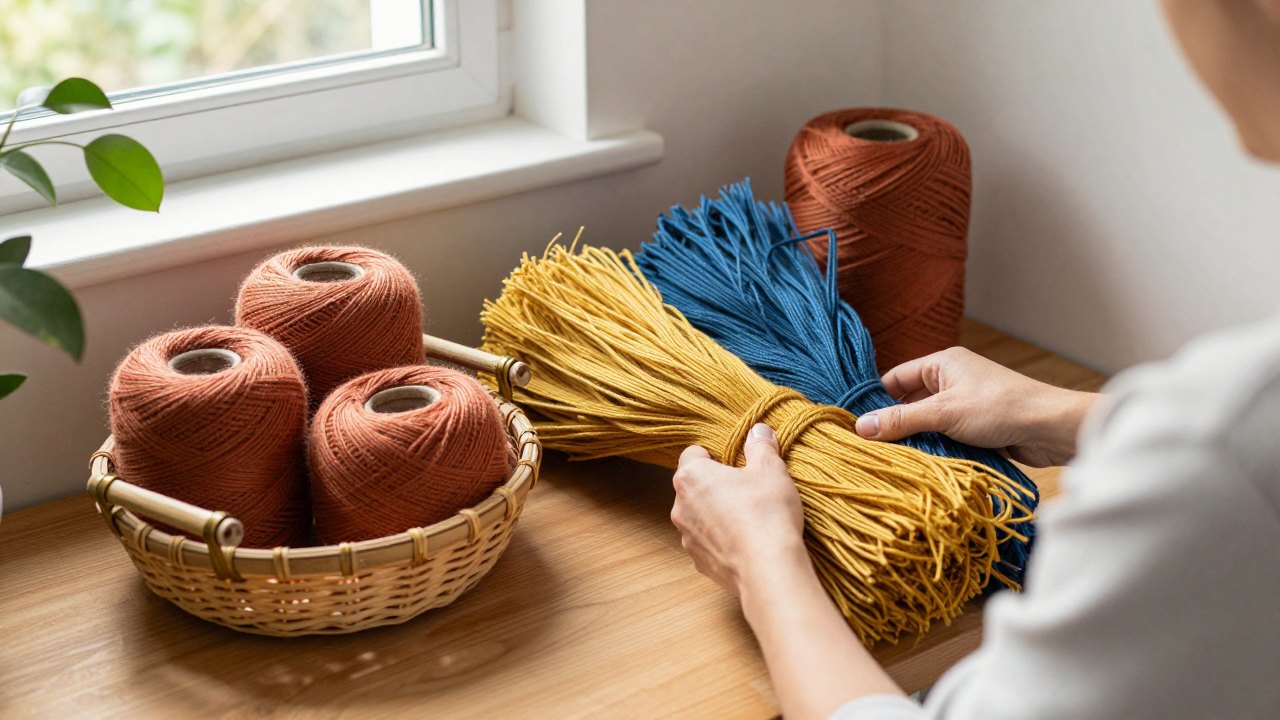 Craft table with colourful raffia hanks, waxed cord, bamboo handles and brass rings in window light