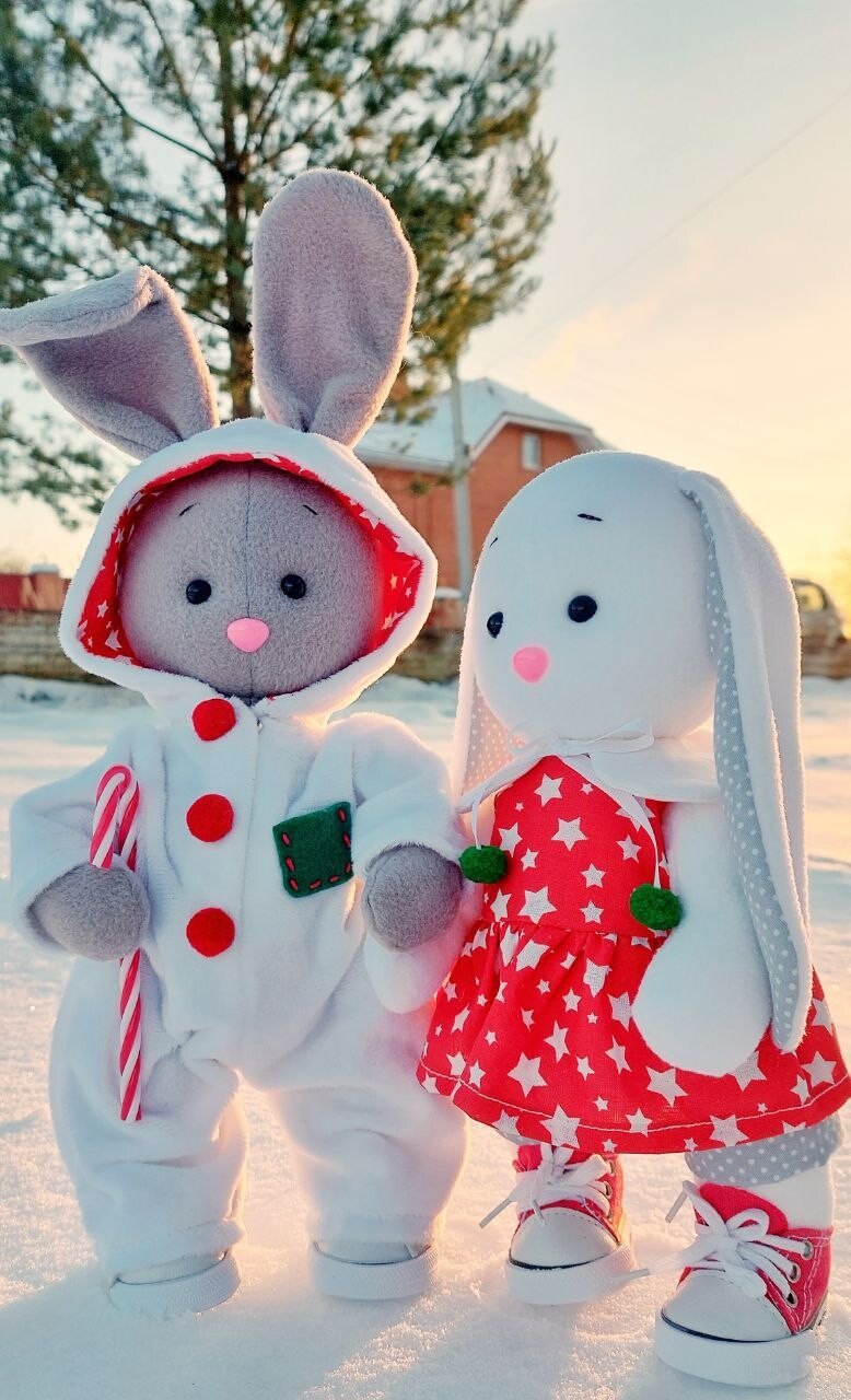 Two plush bunnies in winter outfits standing in snow at sunset