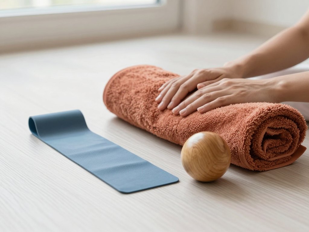 Hands beside a resistance band, wooden massage ball and rolled towel on a wooden floor