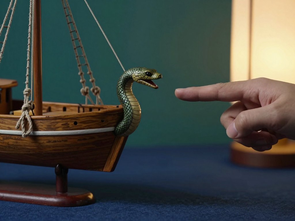 Hand pointing at a carved sea serpent figure next to a small wooden ship model