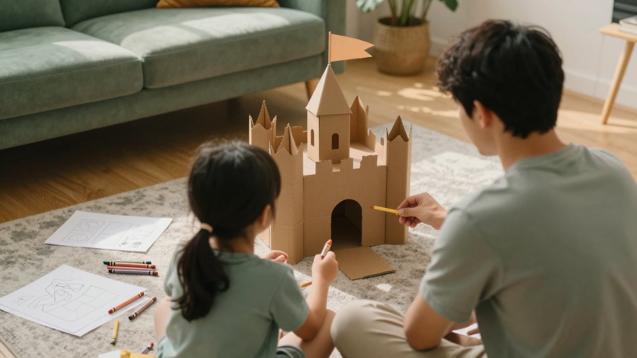 Parent and child seen from behind building a cardboard castle on a living room rug