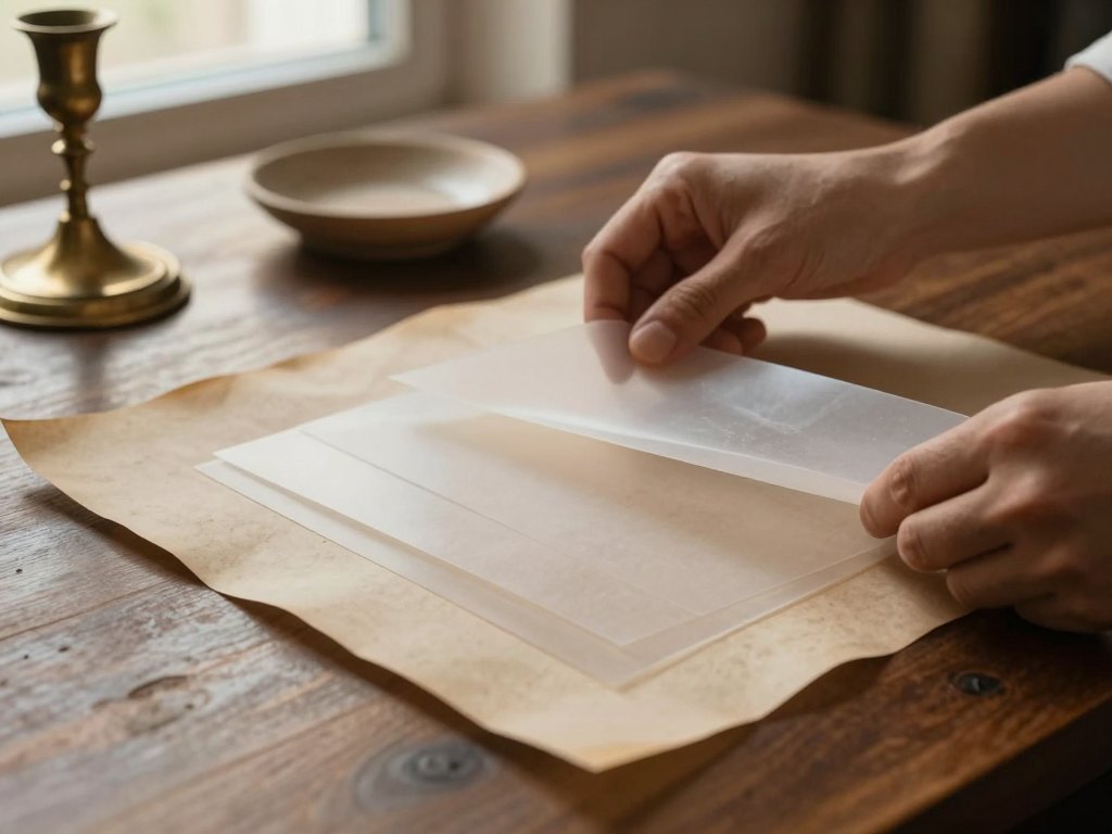 Hands stacking translucent paper sheets over parchment on a wooden desk beside a brass candlestick