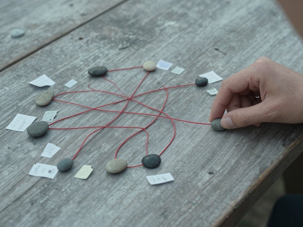 Hand moving a pebble along red threads linking stones and paper scraps on a wooden table