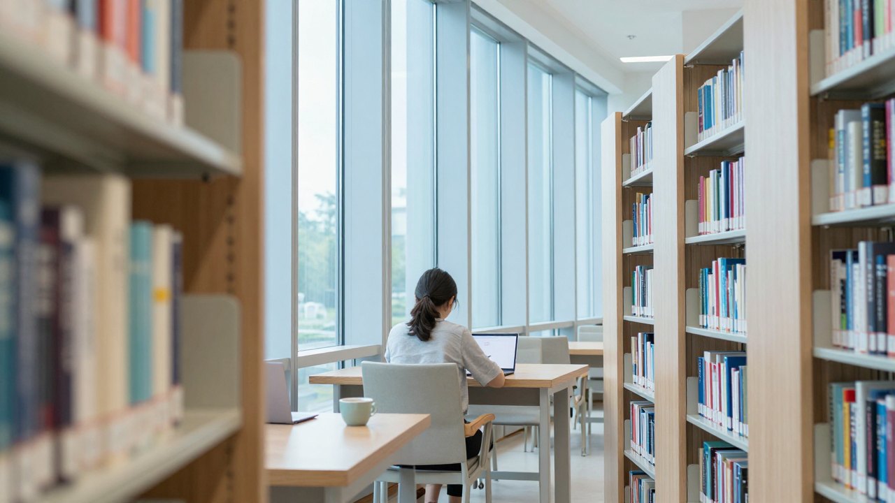 Person seen from behind at a long oak table in a bright, quiet reading room