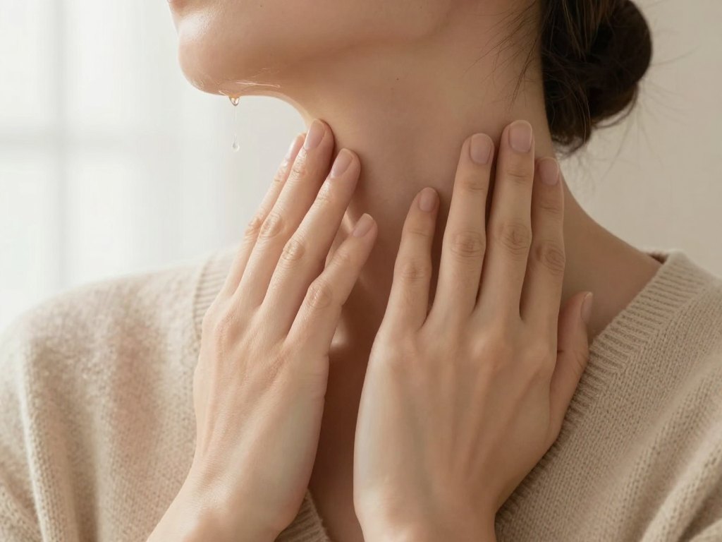 Hands performing a neck self-massage with facial oil, seen from behind without showing the face