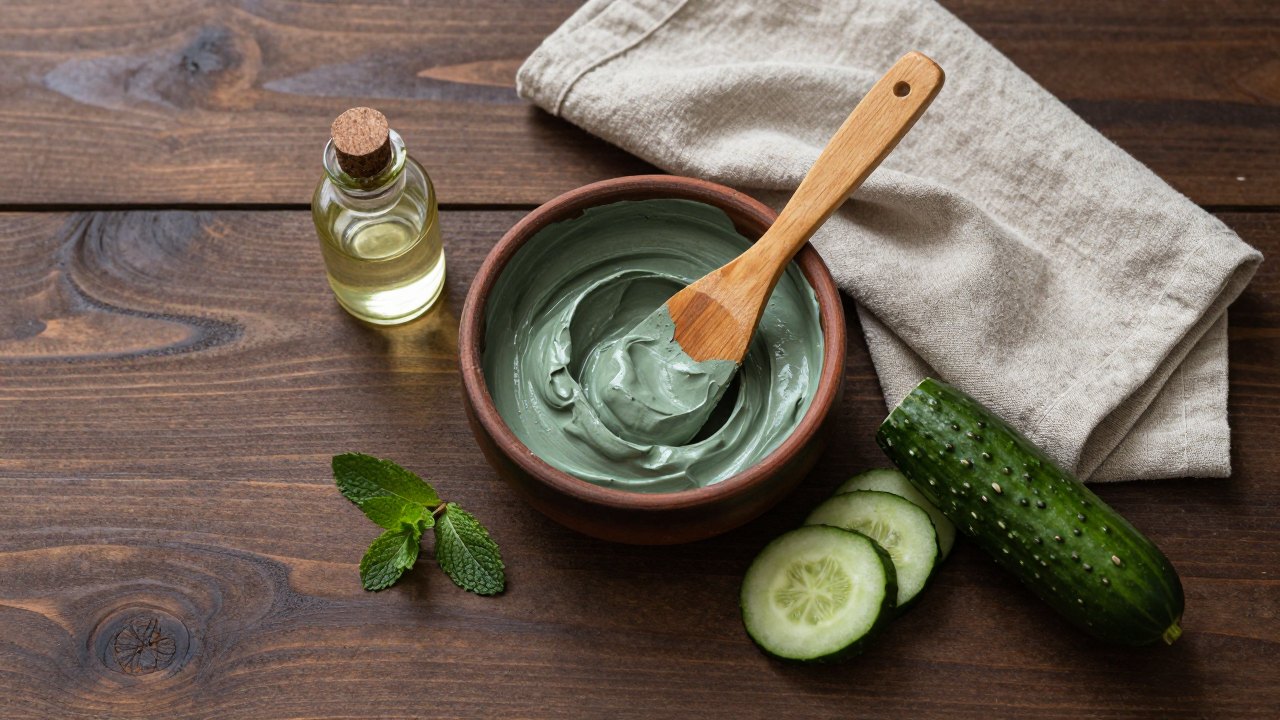 Clay mask bowl, cucumber slices, linen cloth and oil bottle arranged on a dark wooden table