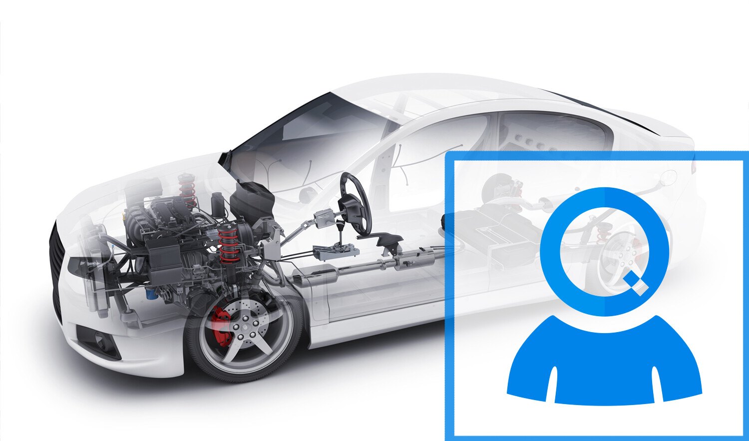 Transparent car cutaway with an icon of a person examining it with a magnifying glass