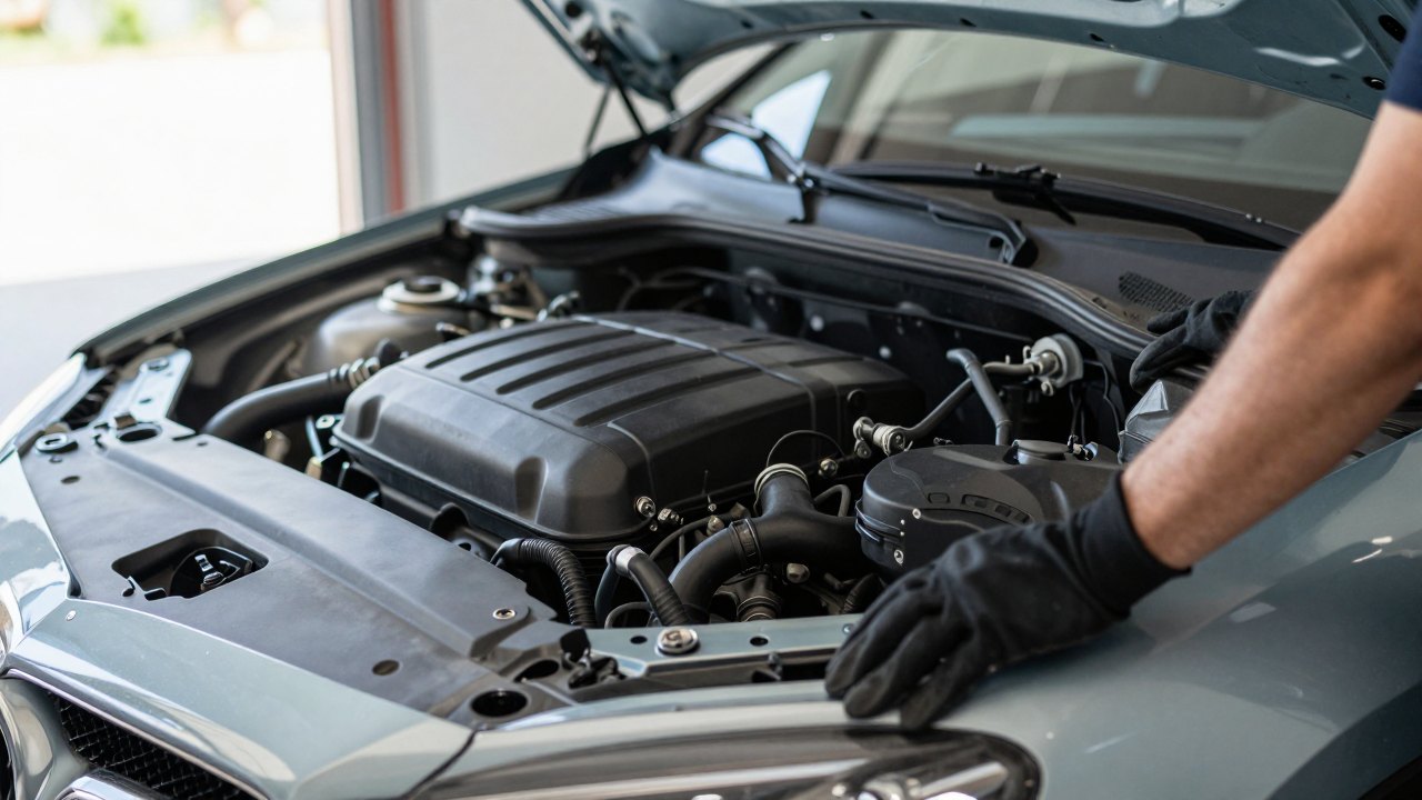 Hands resting on the edge of an open car engine bay in soft daylight