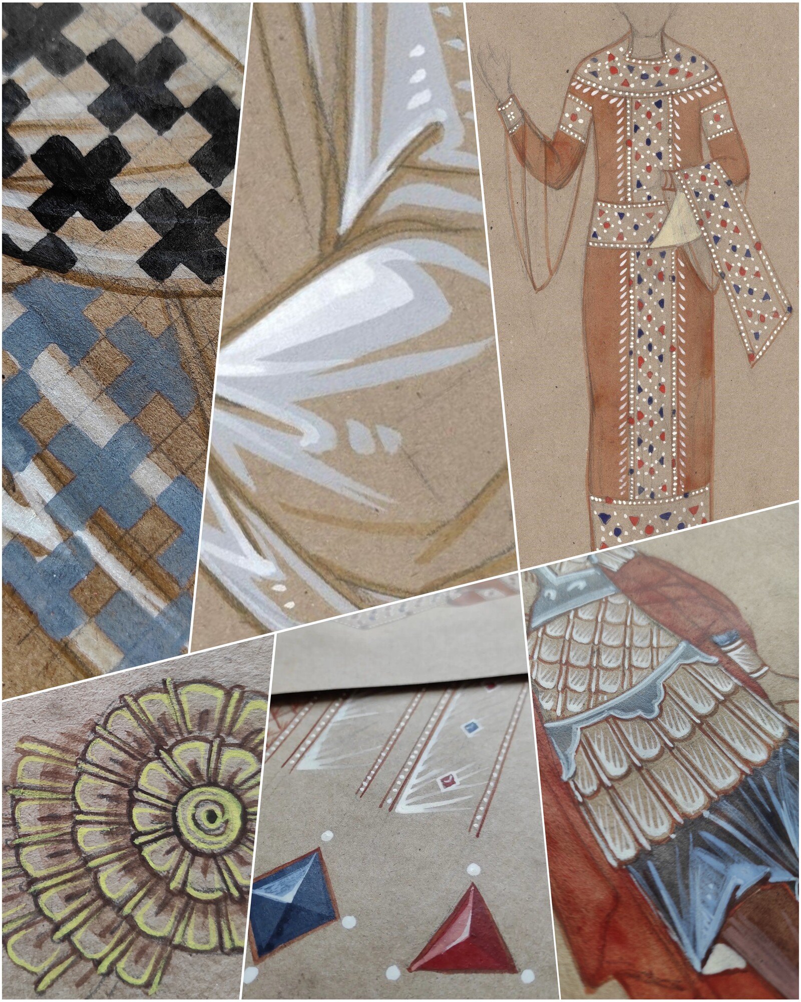 Close-up details of icon painting: patterned fabric, drapery highlights, ornaments and gems