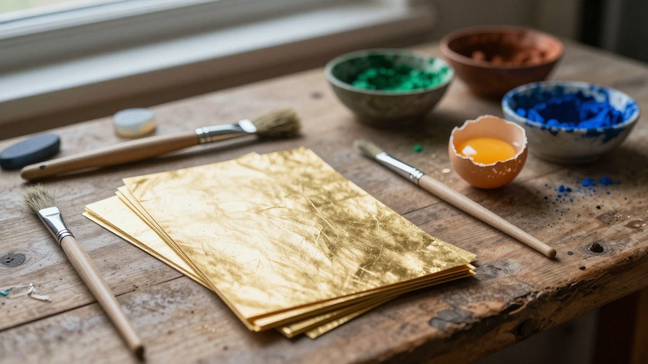 Gold leaf, brushes, burnisher, egg yolk and pigment bowls arranged on a wooden workbench