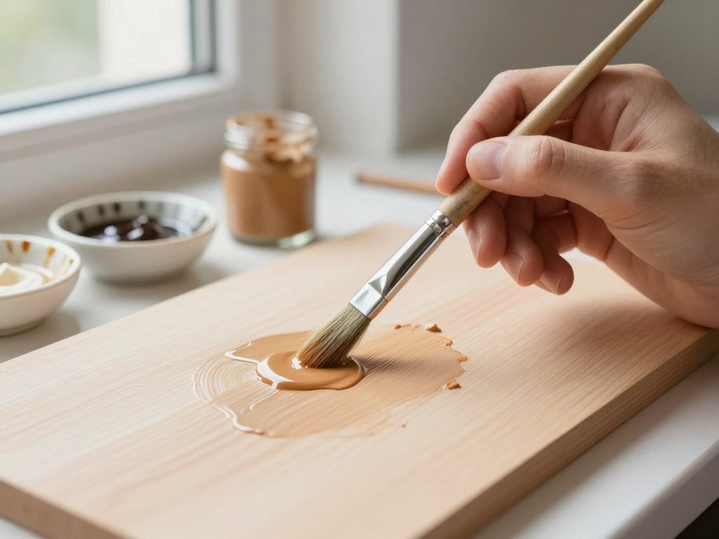 Hand holding a fine brush with ochre paint above a wooden panel, pigments nearby