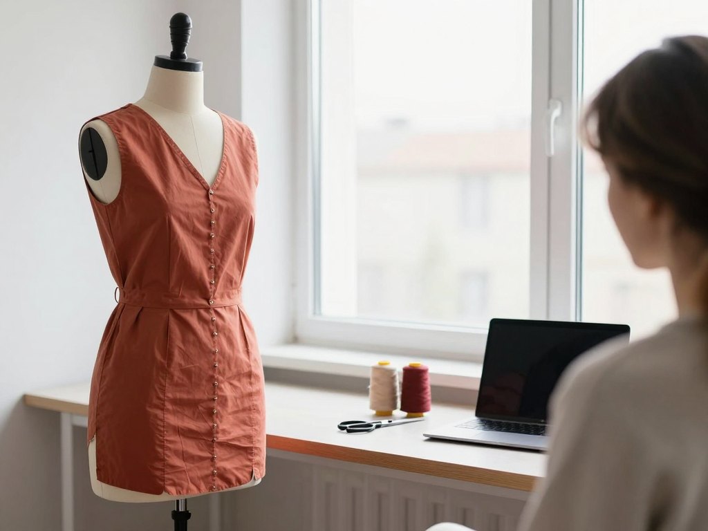 Sewing studio with a dress form, scissors and thread spools, and a person seen from behind