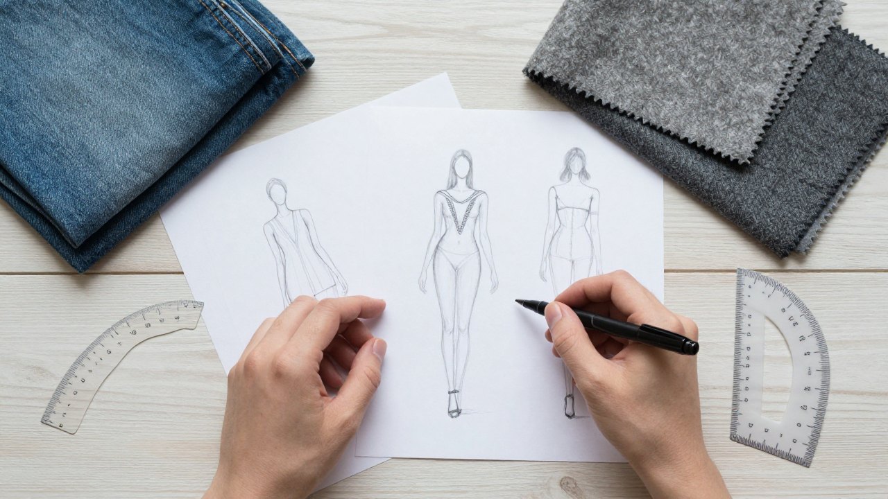 Hands arranging blank garment sketches with a fineliner, curve ruler and denim swatches on a table